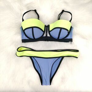 Atmosphere Colorblock Bikini Set With Underwire HighCut Bottom Blue Yellow 8-10
